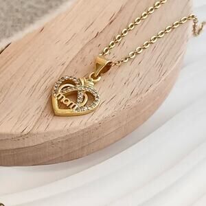 Gold Plated Crystal Pave "MOM" Heart Pendant Necklace